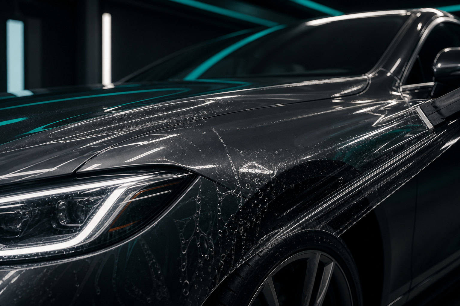 Clear paint protection film installed on a vehicle body panel
