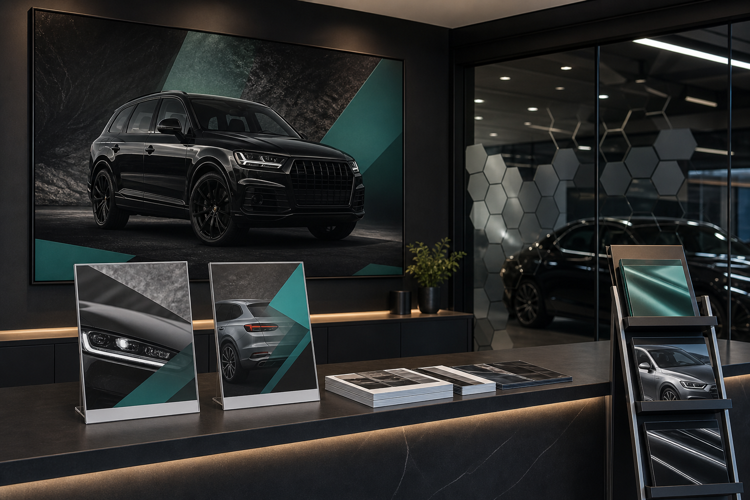 Automotive showroom and printed marketing materials